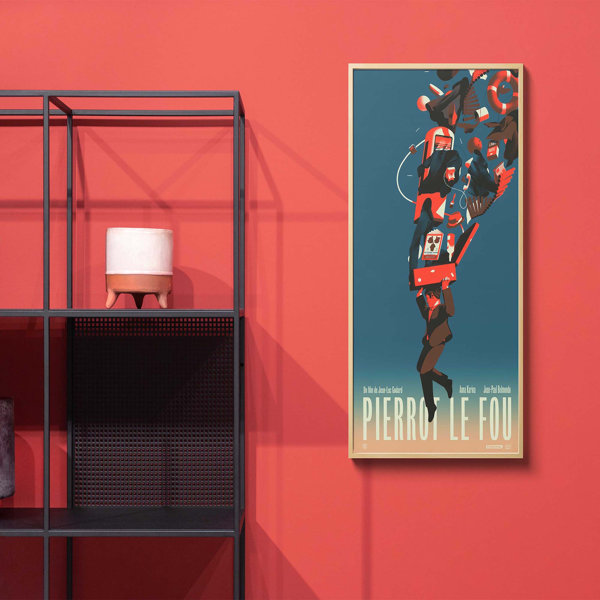 Plakat - maison d'edition d'affiche en serigraphie - affiche de cinema Pierrot Le fou réalisée par Sebastien plassard - imprimée en edition limitée numérotée main
