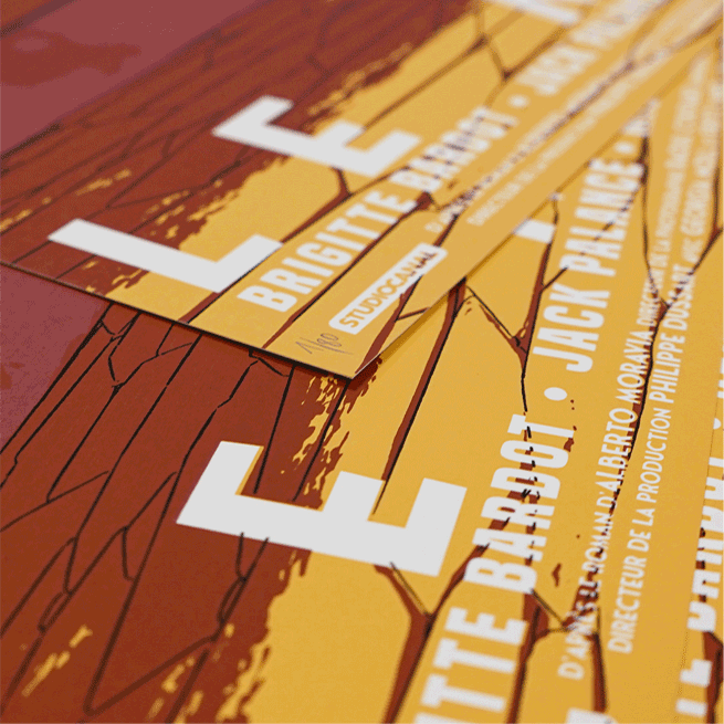 Plakat - maison d'edition d'affiche en serigraphie - affiche de cinema le mépris variant réalisée par hippolyte jacquet - imprimée en edition limitée numérotée main